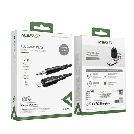 Adaptor Acefast Audio Cable Adapter (C1-06), Lightning to Jack 3.5mm Male, Apple Hi-Fi, Plug & Play, MFi Certified, 1.2m, Negru