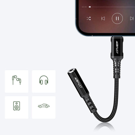 Adaptor Acefast Audio Cable Adapter (C1-05), Lightning to Jack 3.5mm Female, Apple Hi-Fi, HD Music Decoding, MFi, 0.18m, Negru