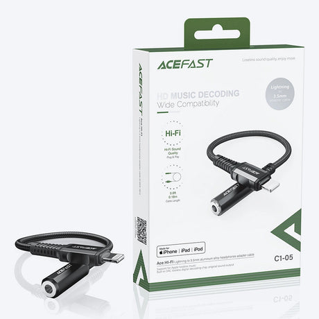 Adaptor Acefast Audio Cable Adapter (C1-05), Lightning to Jack 3.5mm Female, Apple Hi-Fi, HD Music Decoding, MFi, 0.18m, Negru