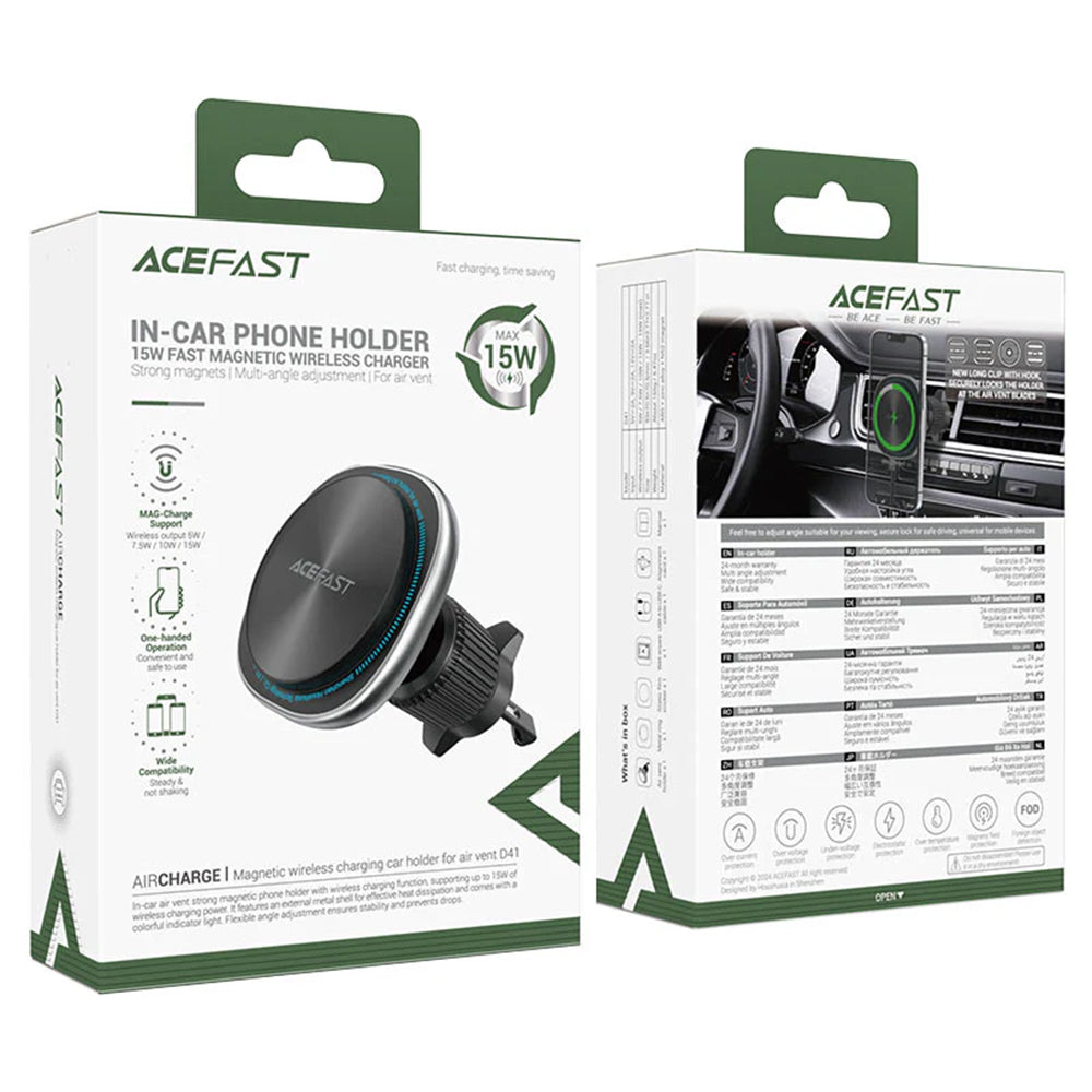 Suport Acefast with Wireless Charging (D41), for Air Vent, Magnetic Grip, USB-C, 15W, for 4.7 - , Argintiu