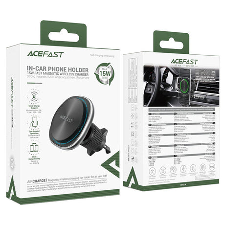 Suport Acefast with Wireless Charging (D41), for Air Vent, Magnetic Grip, USB-C, 15W, for 4.7 - , Argintiu