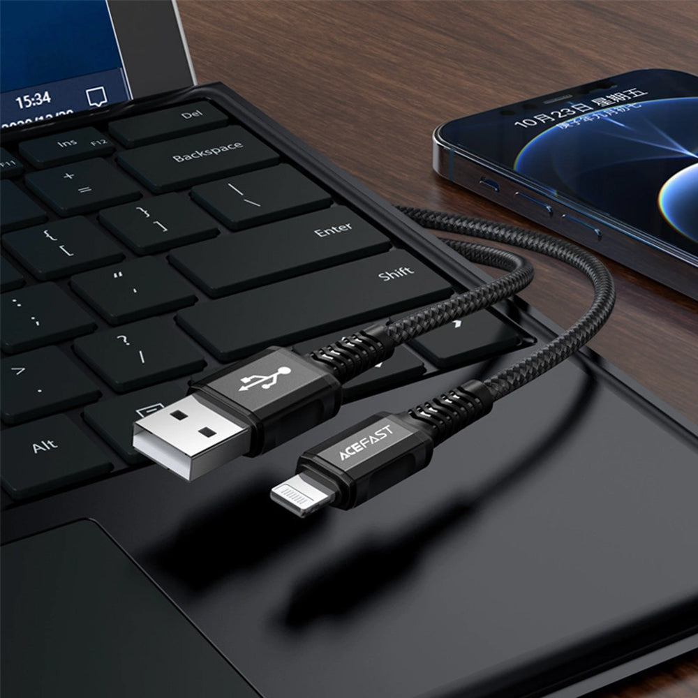 Cablu Acefast (C1-02), USB to Lightning, 2.4A, Fast Charging, MFi Certification, Nylon Braid, 1.2m, Negru