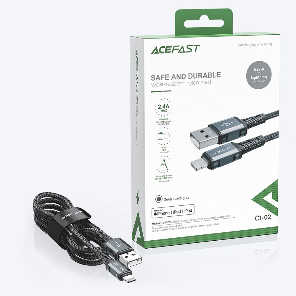 Cablu Acefast (C1-02), USB to Lightning, 2.4A, Fast Charging, MFi Certification, Nylon Braid, 1.2m, Negru