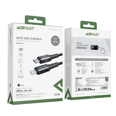 Cablu Acefast (C1-01), Type-C to Lightning, 30W, 3A, Fast Charging, MFi Certification, Nylon Braid, 1.2m, Negru