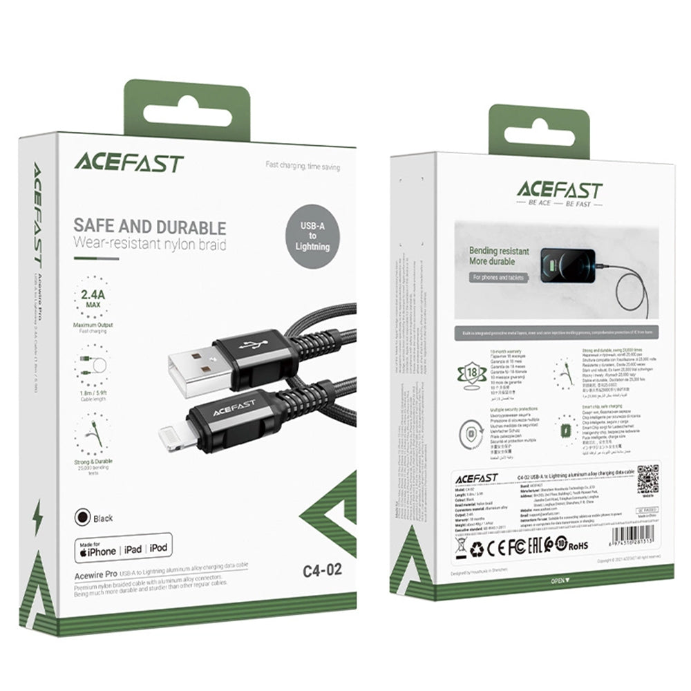 Cablu Acefast (C4-02), Fast Charging, USB to Lightning, 2.4A, Aluminum Alloy, 1.8m, Negru