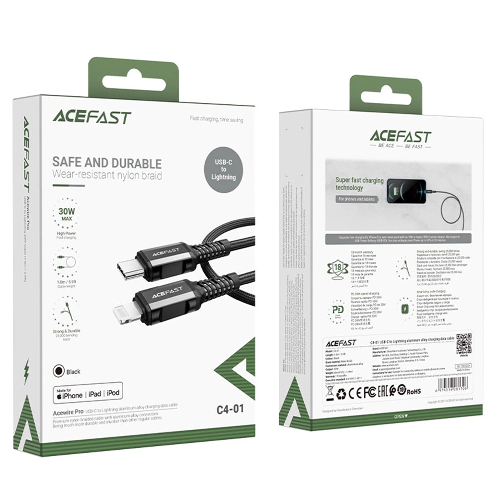 Cablu Acefast (C4-01), Fast Charging, Type-C to Lightning, 30W, 3A, Aluminum Alloy, 1.8m, Negru