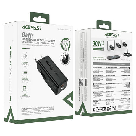 Incarcator Acefast Travel Adapter (Z7), GaN, Type-C, EU, UK, AU, US, PD30W, Multifunctional Fast Charger, Mini Design, Negru