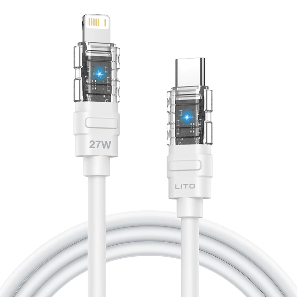 Cablu Lito Mechanical (LD05), Type-C to Lightning, Fast Charging 27W, Transparent Head, LED, Alb