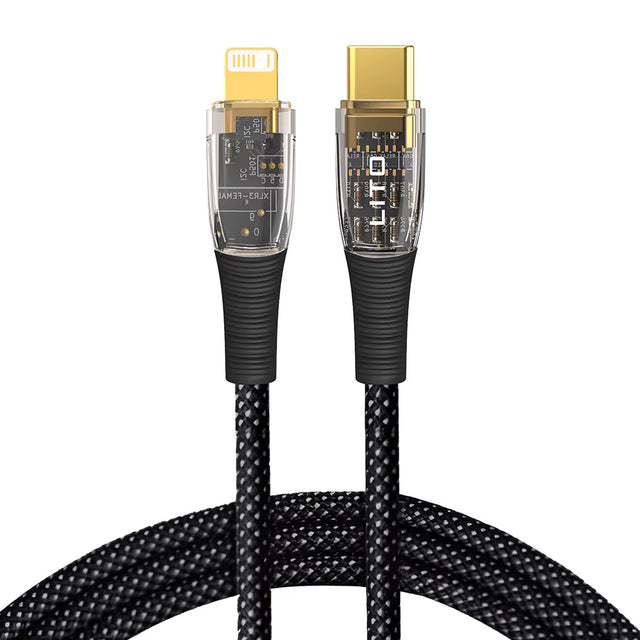 Cablu Lito Transparent (LD01), Type-C to Lightning, Fast Charging 27W, Braided, Gold Plated Interface, 1.2m, Negru