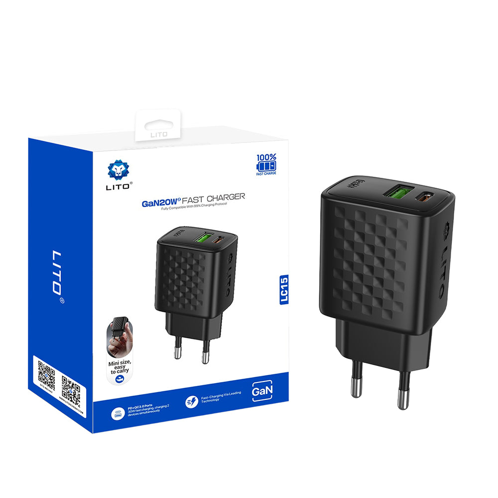 Incarcator Lito (LC15), Type-C, USB Output, PD20W, GaN, PC Fireproof, EU Plug, Negru