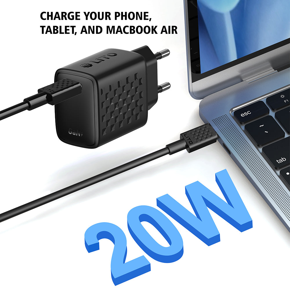 Incarcator Lito (LC13T), with Type-C Cable Included, Type-C, PD20W, GaN, PC Fireproof, EU Plug, Negru