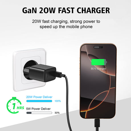 Incarcator Lito (LC13L), with Lightning Cable Included, Type-C, PD20W, GaN, PC Fireproof, EU Plug, Negru