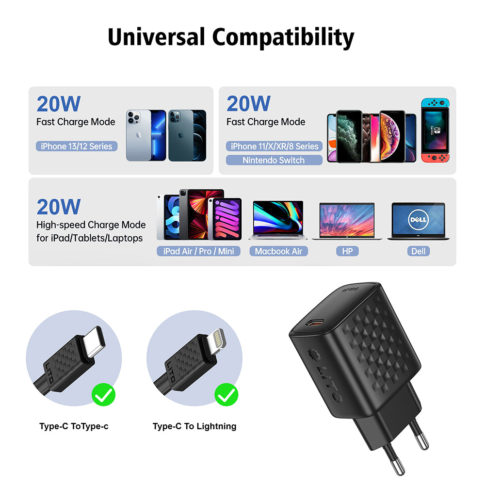 Incarcator Lito (LC13L), with Lightning Cable Included, Type-C, PD20W, GaN, PC Fireproof, EU Plug, Negru
