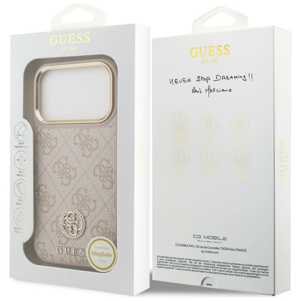 Husa de protectie Guess Hardcase 4G Strass Logo MagSafe (GUHMP17LP4GRMDEP) compatibil cu iPhone 17 Pro, Roz
