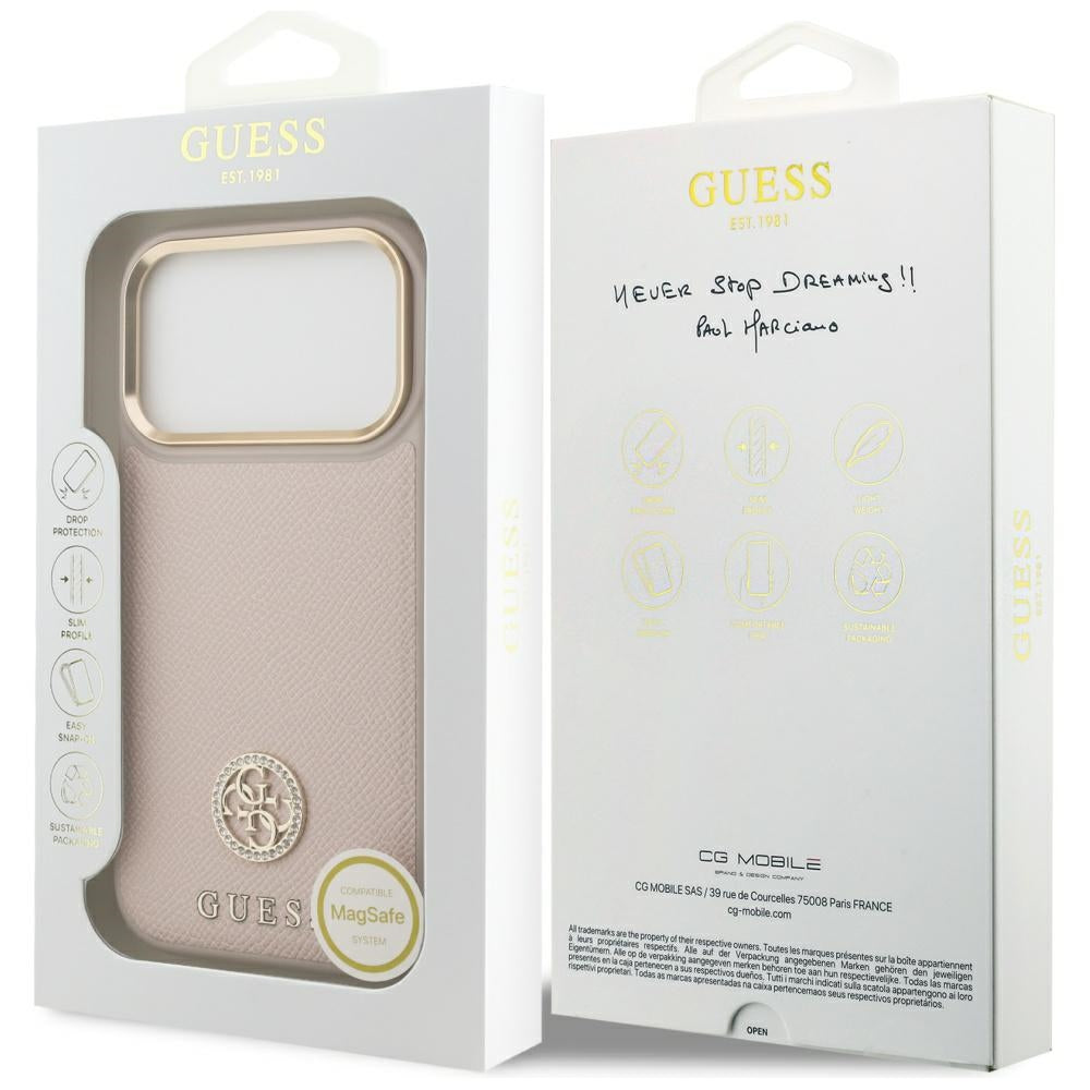 Husa de protectie Guess Grained Strass Logo MagSafe (GUHMP17LPGCRMDEP) compatibil cu iPhone 17 Pro, Roz