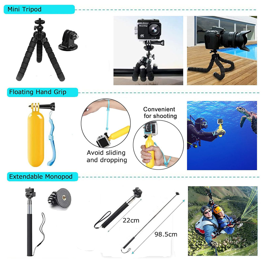 Suport Techsuit Accessory Kit CamQuest 50in1 (SA50), for GoPro Hero, SJCAM, Action Cameras, with Carrying Case, Negru