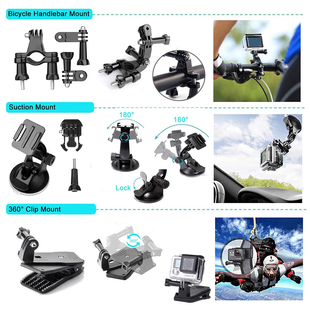 Suport Techsuit Accessory Kit CamQuest 50in1 (SA50), for GoPro Hero, SJCAM, Action Cameras, with Carrying Case, Negru