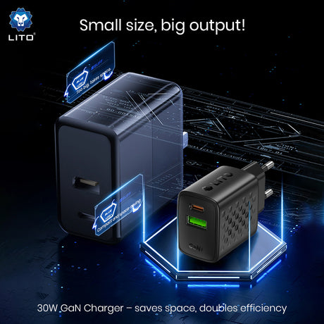 Incarcator Lito (LC19), Type-C, USB Output, PD30W, GaN, PC Fireproof, EU Plug, Negru