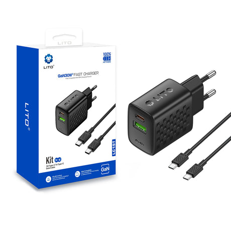 Incarcator Lito (LC19T), with Type-C Cable Included, Type-C, USB Output, PD30W, GaN, PC Fireproof, EU Plug, Negru