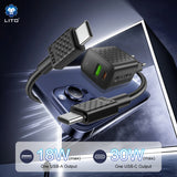 Incarcator Lito (LC19T), with Type-C Cable Included, Type-C, USB Output, PD30W, GaN, PC Fireproof, EU Plug, Negru