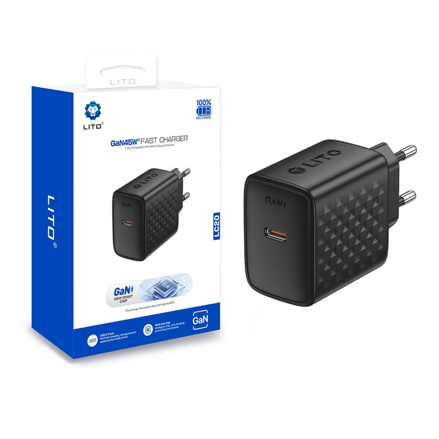 Incarcator Lito (LC20), Type-C Output, PD45W, GaN, PC Fireproof, EU Plug, Negru