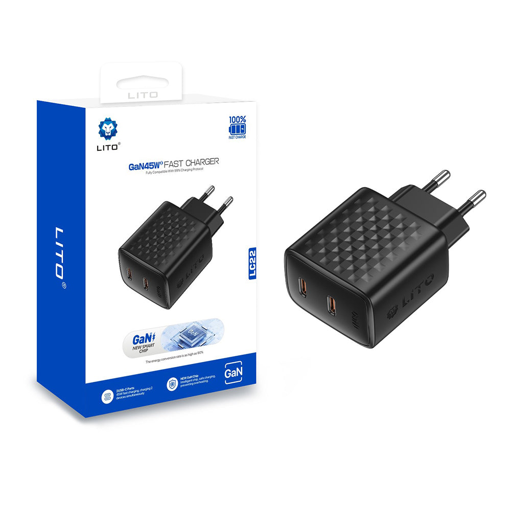 Incarcator Lito (LC22), 2x Type-C Output, PD45W, GaN, PC Fireproof, EU Plug, Negru