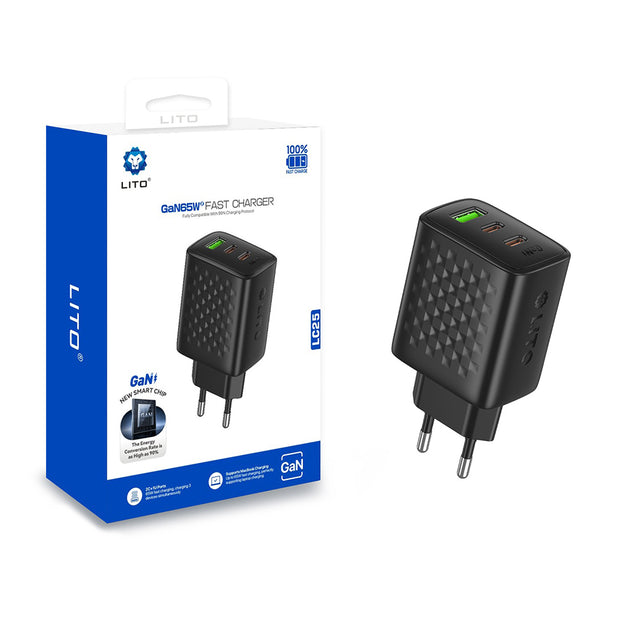 Incarcator Lito (LC25), 2x Type-C, USB Output, PD65W, GaN, PC Fireproof, EU Plug, Negru
