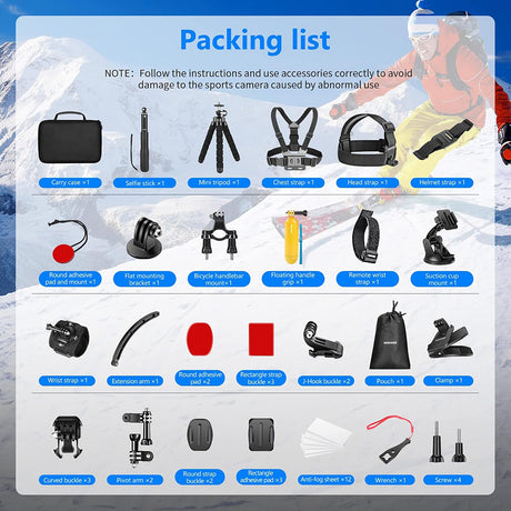 Suport Techsuit Accessory Kit CamQuest 50in1 (SA50), for GoPro Hero, SJCAM, Action Cameras, with Carrying Case, Negru