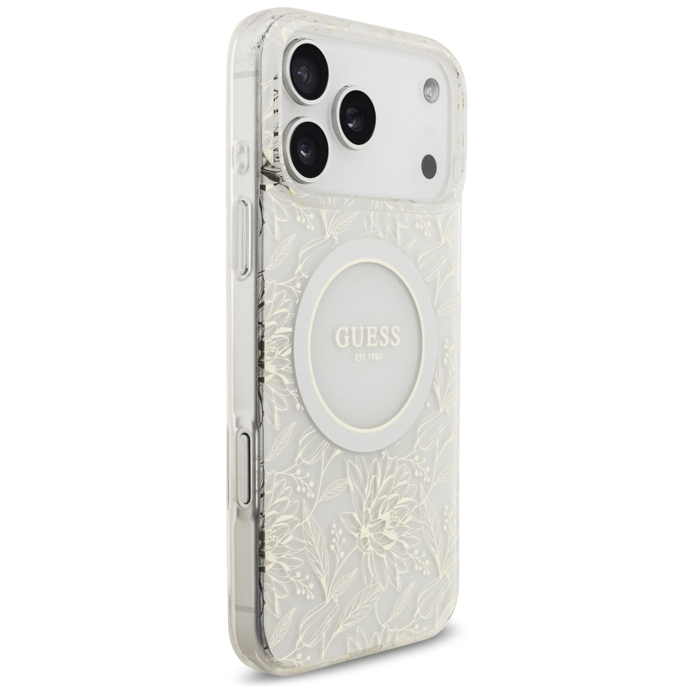 Husa pentru iPhone 17 Pro Max - Guess IML Flowers Allover Electroplated with Pearl Strap MagSafe (GUHMP17XHCPOFPH) - White