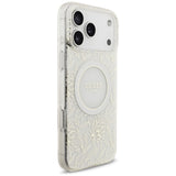 Husa pentru iPhone 17 Pro Max - Guess IML Flowers Allover Electroplated with Pearl Strap MagSafe (GUHMP17XHCPOFPH) - White