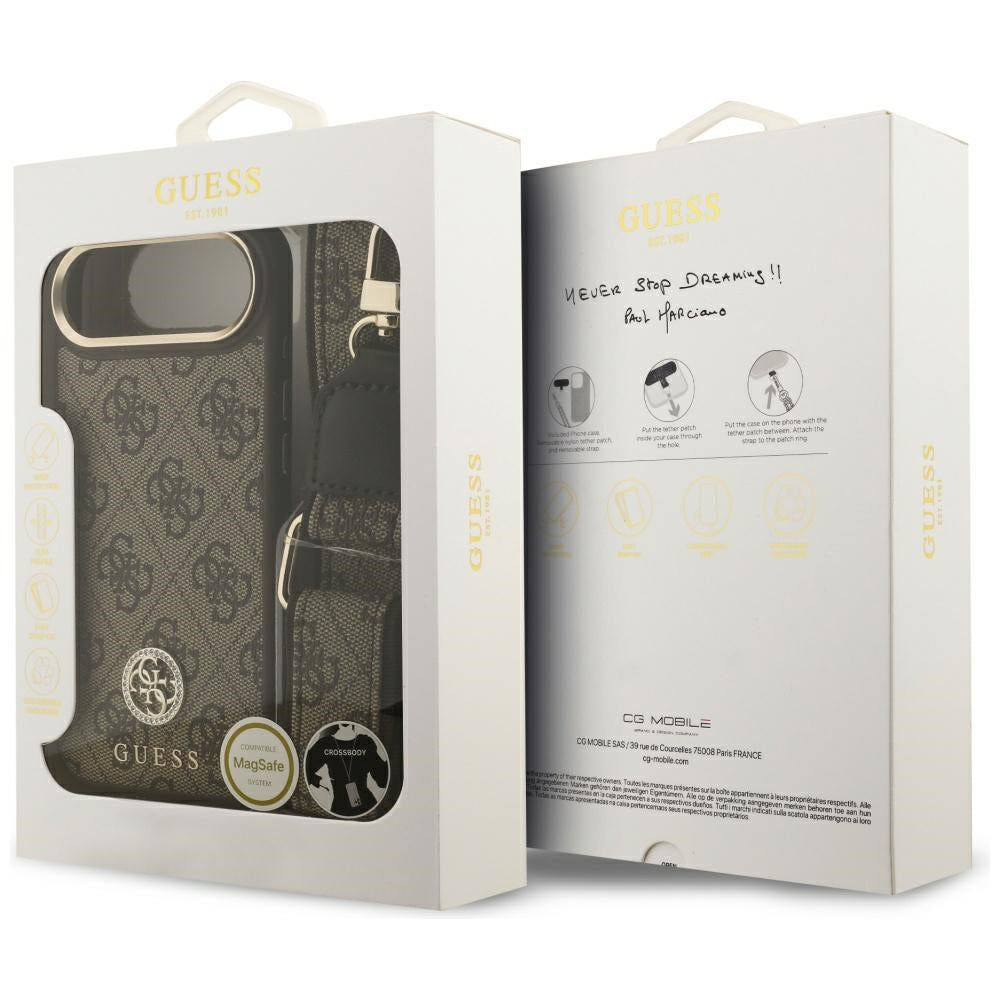 Husa de protectie Guess 4G Strass Logo with Big Strap Metal Button MagSafe (GUHMP17MP4G4DCSW) compatibil cu iPhone 17 Air, Maro