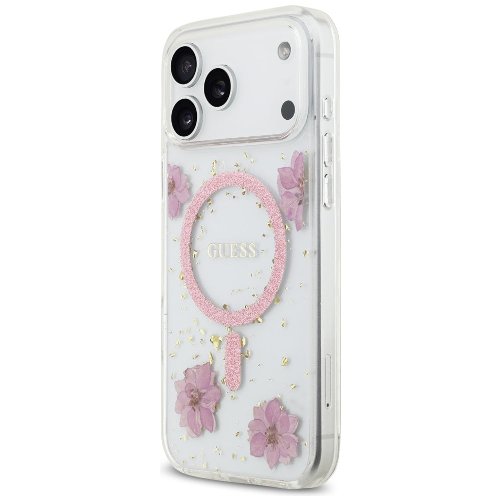 Husa de protectie Guess Resin Flowers and Glitter compatibil cu iPhone 17 Pro, Roz
