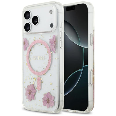 Husa de protectie Guess Resin Flowers and Glitter compatibil cu iPhone 17 Pro, Roz