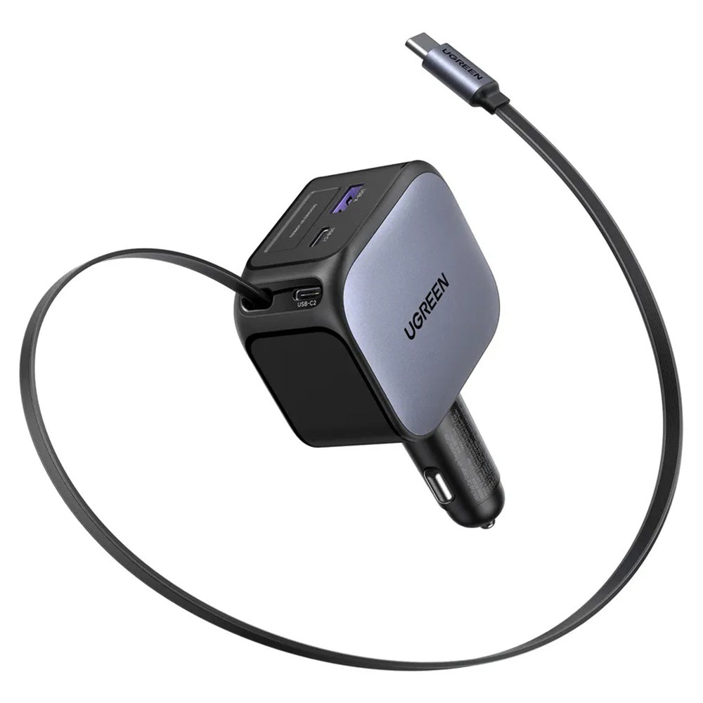 Incarcator Ugreen Car EC604 (55910B), with Retractable USB-C Cable, Dual-Port, 145W, 70cm, Negru