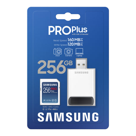 Stocare Samsung Memory Card PRO Plus + Reader Full Size (MB-SD256KB/WW), SDXC, 256GB, UHS-I, U3, V30, A2, 160MB/s, Albastru /White