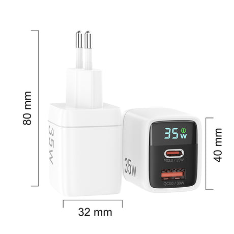 Incarcator Techsuit LEDChargX (CH3), Type-C, USB, GaN Technology, Fast Charge, LED Display, PD35W, Negru