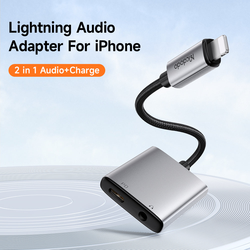 Adaptor Mcdodo Audio Adapter Wales Series (CA-5540), Lightning to Lightning, DC 3.5mm, Aluminum Alloy, Nylon, 5V/2A, 12.5cm, Gri