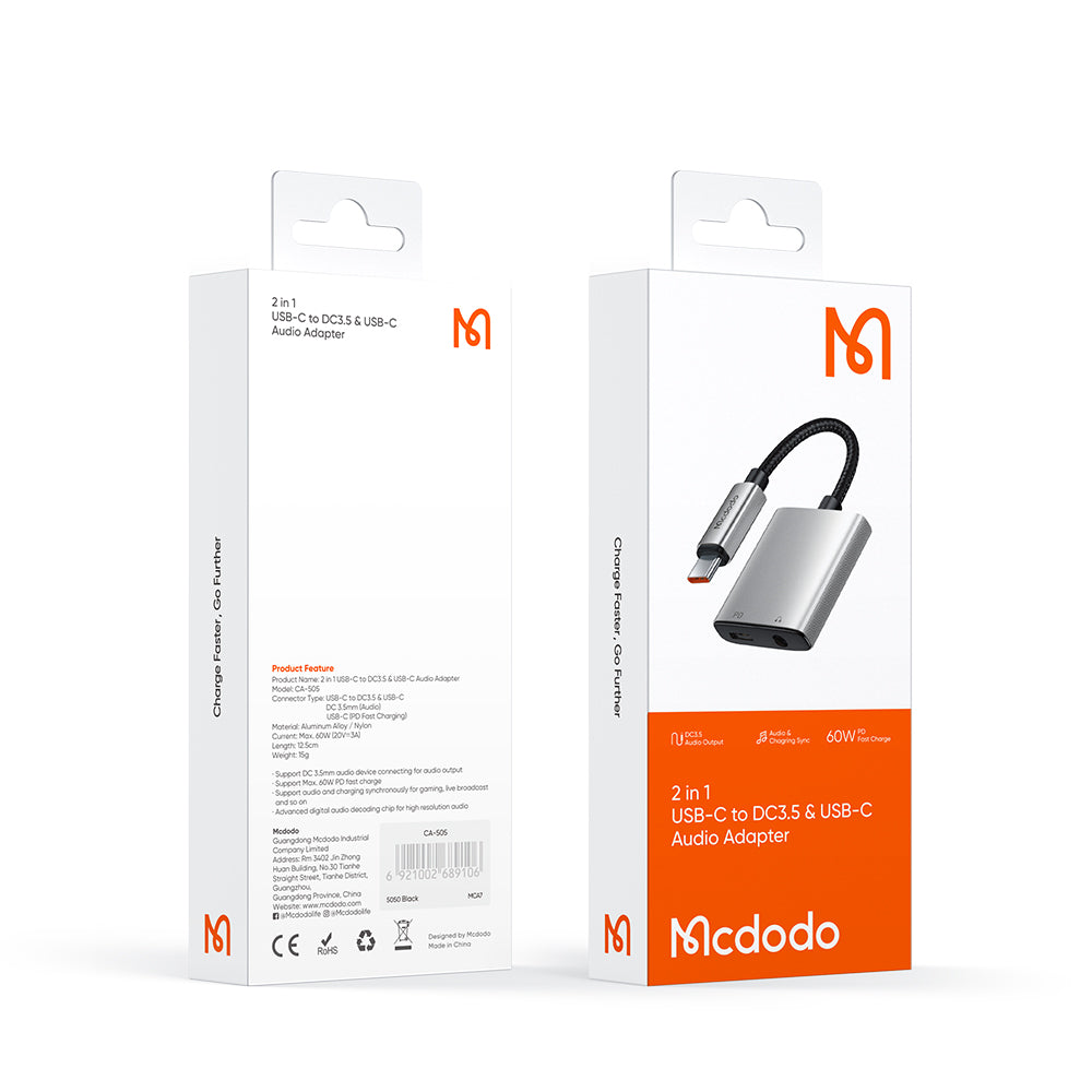 Adaptor Mcdodo Audio Adapter Wales Series (CA-5050), Type-C to Type-C, DC 3.5mm, Aluminum Alloy, Nylon, PD60W, 12.5cm, Gri