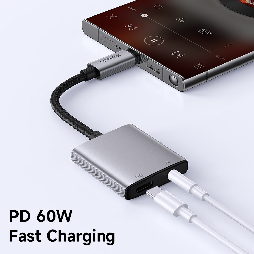 Adaptor Mcdodo Audio Adapter Wales Series (CA-5050), Type-C to Type-C, DC 3.5mm, Aluminum Alloy, Nylon, PD60W, 12.5cm, Gri