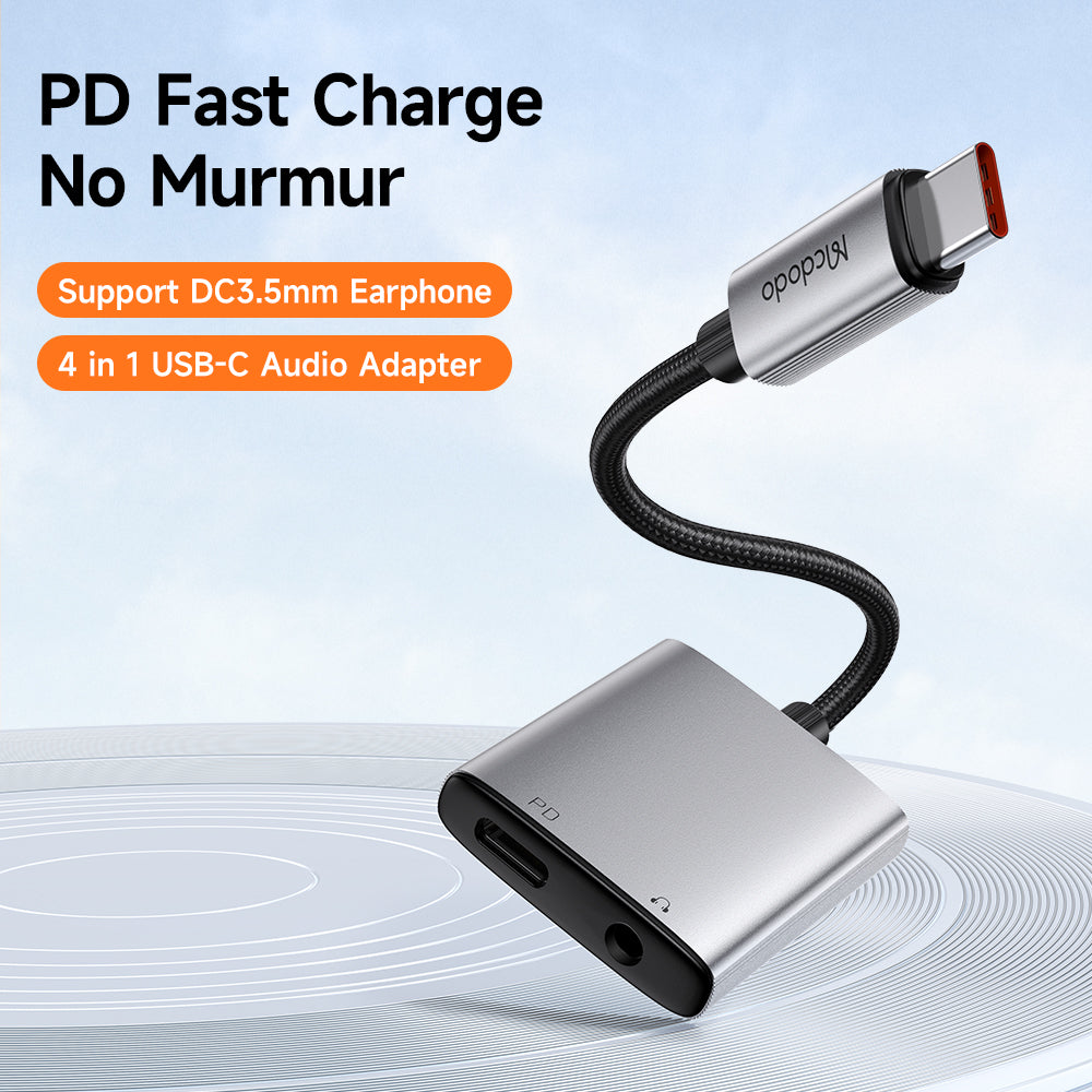Adaptor Mcdodo Audio Adapter Wales Series (CA-5050), Type-C to Type-C, DC 3.5mm, Aluminum Alloy, Nylon, PD60W, 12.5cm, Gri
