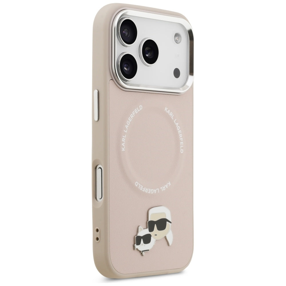Husa de protectie Karl Lagerfeld Leather Karl & Choupette Pins MagSafe (KLHMP17XPSMLRKCP) compatibil cu iPhone 17 Pro Max, Roz
