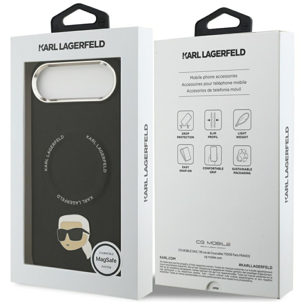 Husa de protectie Karl Lagerfeld Leather Karl Pin MagSafe (KLHMP17MPSMLRKLK) compatibil cu iPhone 17 Air, Negru