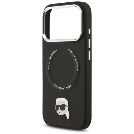 Husa de protectie Karl Lagerfeld Leather Karl Pin MagSafe (KLHMP17XPSMLRKLK) compatibil cu iPhone 17 Pro Max, Negru