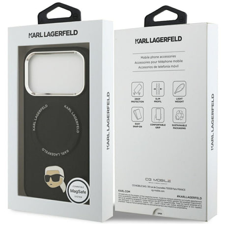 Husa de protectie Karl Lagerfeld Leather Karl Pin MagSafe (KLHMP17XPSMLRKLK) compatibil cu iPhone 17 Pro Max, Negru