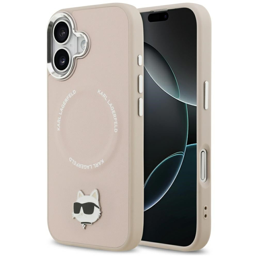 Husa de protectie Karl Lagerfeld Leather Choupette Pin MagSafe (KLHMP17SPSMLRCHP) compatibil cu iPhone 17, Roz