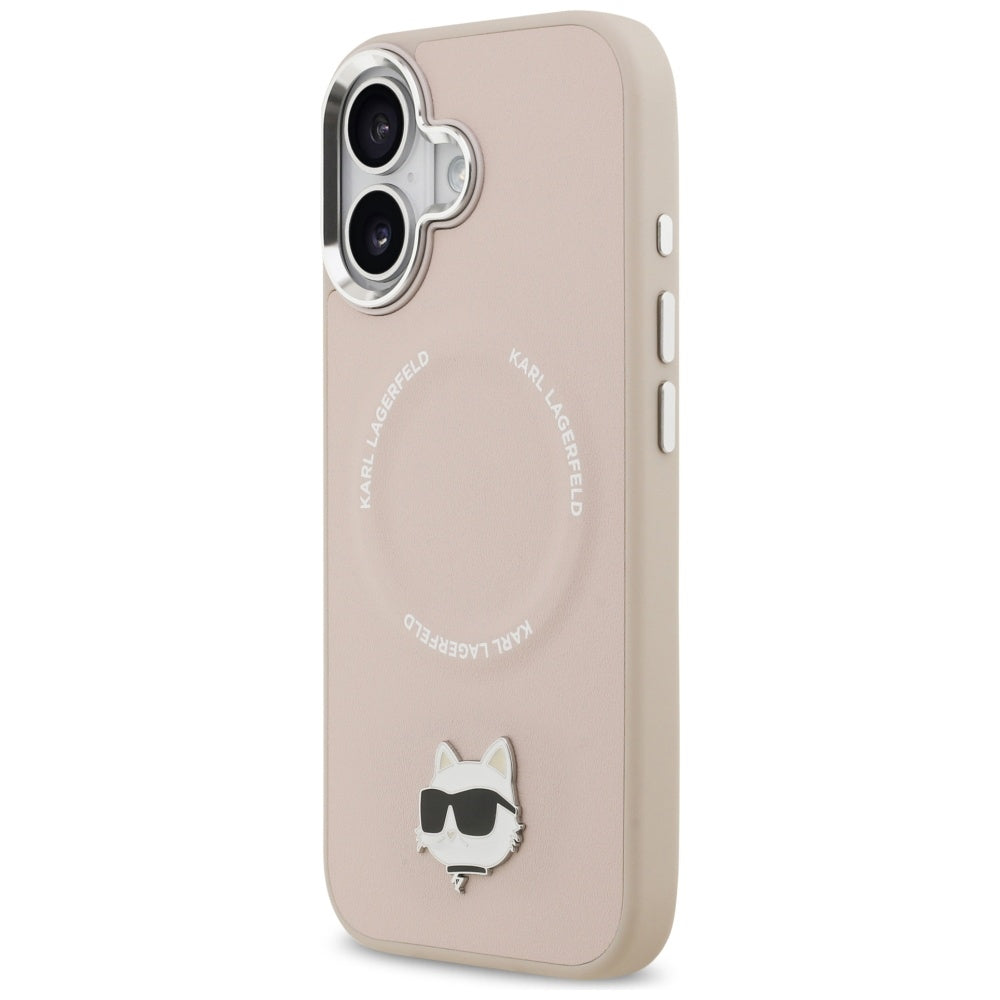 Husa de protectie Karl Lagerfeld Leather Choupette Pin MagSafe (KLHMP17SPSMLRCHP) compatibil cu iPhone 17, Roz