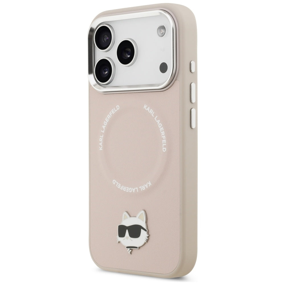 Husa de protectie Karl Lagerfeld Leather Choupette Pin MagSafe (KLHMP17XPSMLRCHP) compatibil cu iPhone 17 Pro Max, Roz