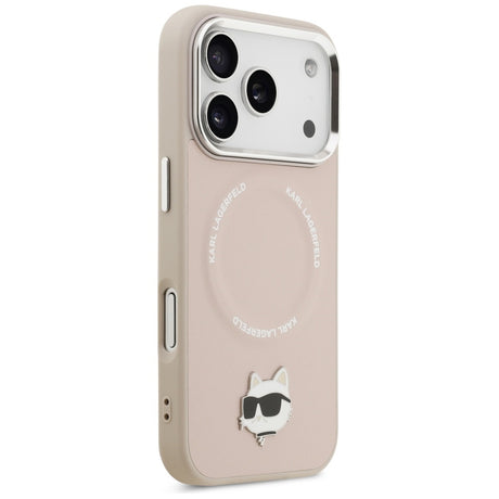 Husa de protectie Karl Lagerfeld Leather Choupette Pin MagSafe (KLHMP17XPSMLRCHP) compatibil cu iPhone 17 Pro Max, Roz