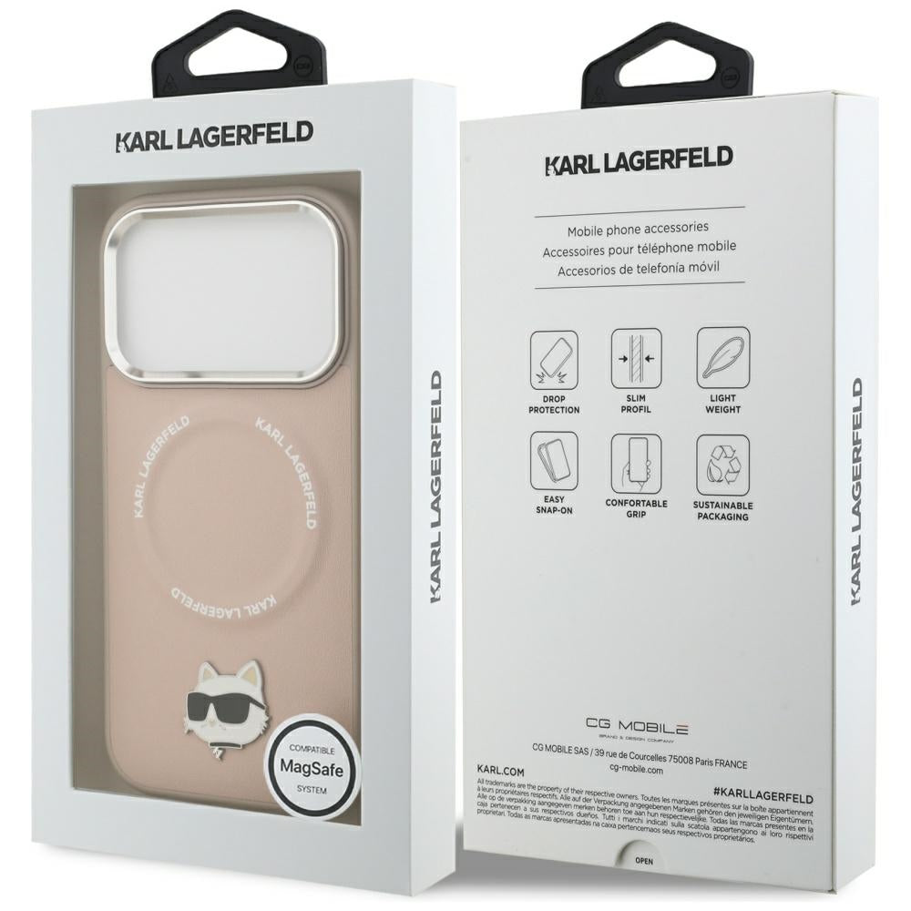 Husa de protectie Karl Lagerfeld Leather Choupette Pin MagSafe (KLHMP17XPSMLRCHP) compatibil cu iPhone 17 Pro Max, Roz