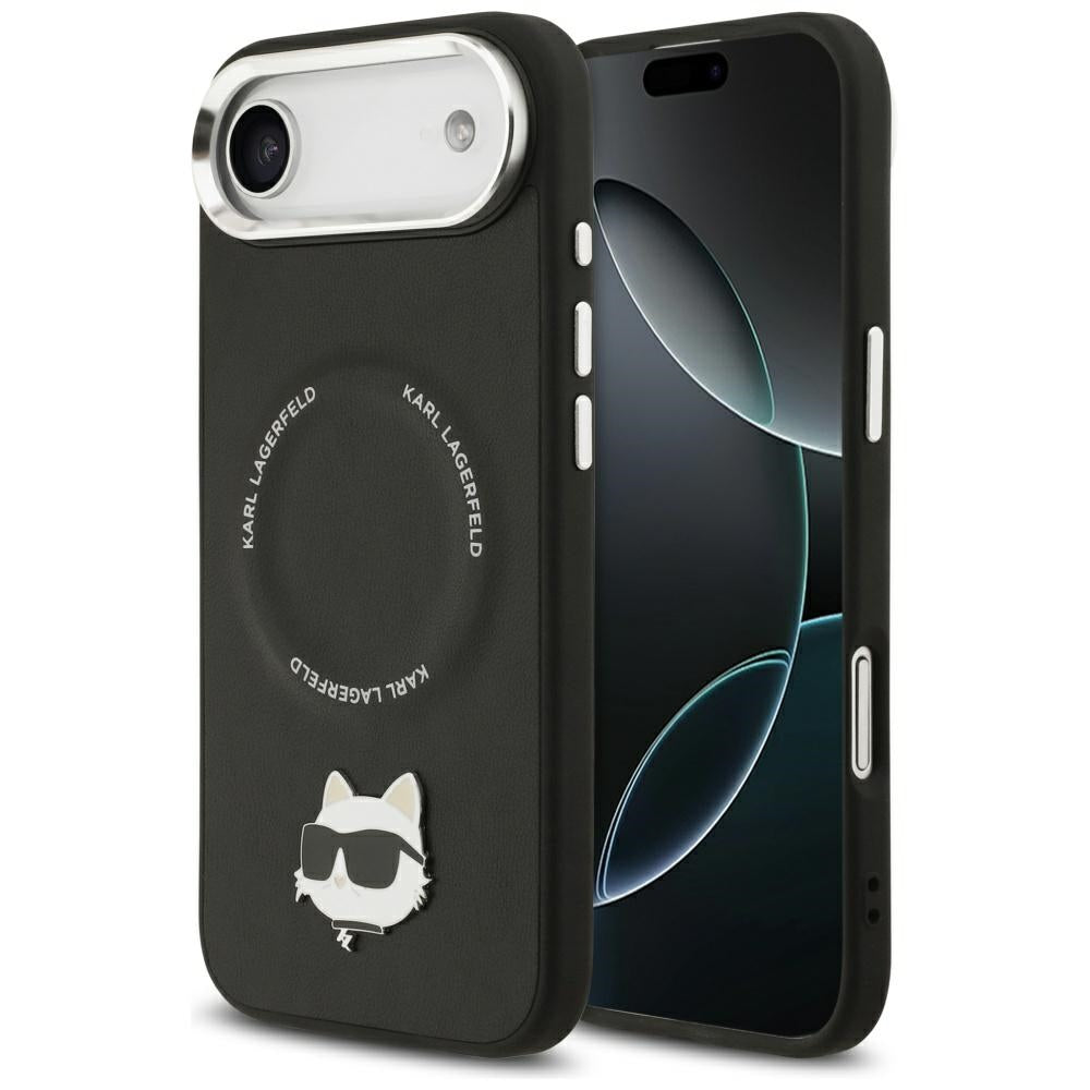 Husa de protectie Karl Lagerfeld Leather Choupette Pin MagSafe (KLHMP17MPSMLRCHK) compatibil cu iPhone 17 Air, Negru